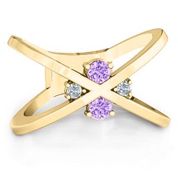 4 Stone Crossover Ring in 10K Solid Yellow Gold with Amethyst and Cubic Zirconia