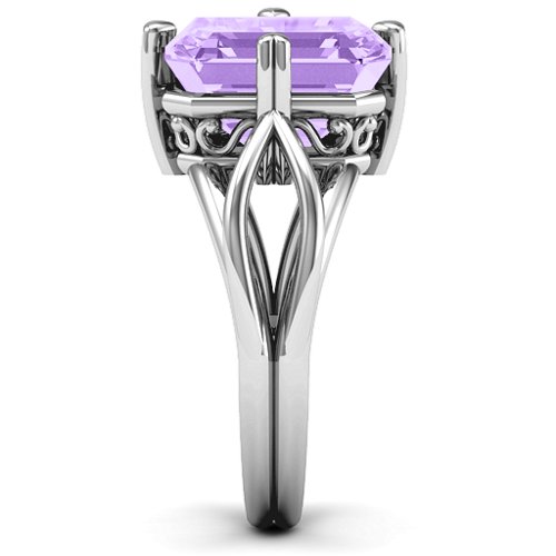 Twisted Shank Emerald Cut Stone with Filigree Ring – Sterling Silver with Amethyst Premium Zirconia
