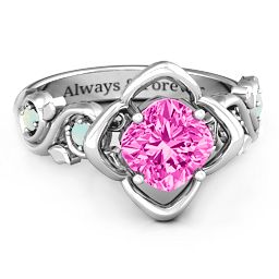 Cushion on Flowers Ring in 925 Sterling Silver with Pink Tourmaline and Opal