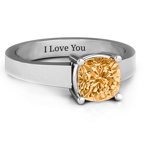 Cushion Cut Solitaire Ring – Sterling Silver with Citrine