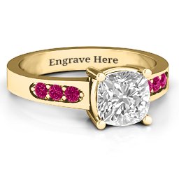 Cushion Cut Solitaire with Accents Ring in 14K Solid Yellow Gold with White Premium Zirconia and Ruby