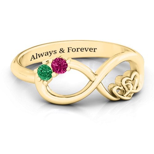 Double the Love Infinity Ring – 10K Yellow Gold with Emerald and Ruby