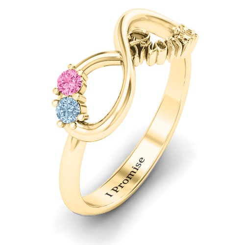Two Stone Promise Infinity Ring – 10K Yellow Gold with Aquamarine and Pink Tourmaline