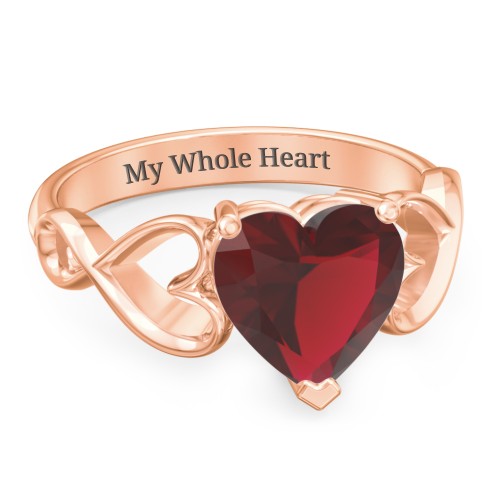 Heart Shaped Stone with Interwoven Heart Infinity Band Ring – 10K Rose Gold with Red Premium Zirconia