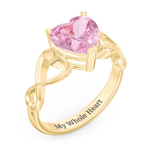 Heart Shaped Stone with Interwoven Heart Infinity Band Ring – 10K Yellow Gold with Fancy Pink Premium Zirconia