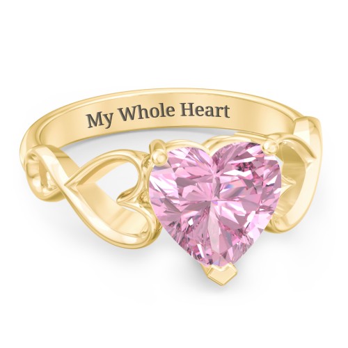 Heart Shaped Stone with Interwoven Heart Infinity Band Ring – 10K Yellow Gold with Fancy Pink Premium Zirconia