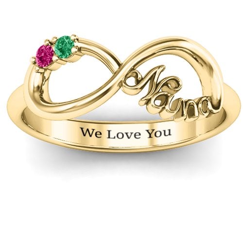 2-10 Stone Nana Infinity Ring – 10K Yellow Gold with Emerald and Ruby
