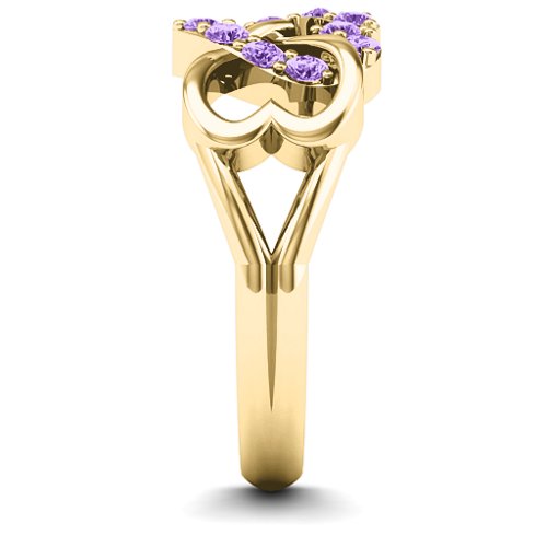 Birthstone Triple Heart Infinity Ring – 10K Yellow Gold with Amethyst