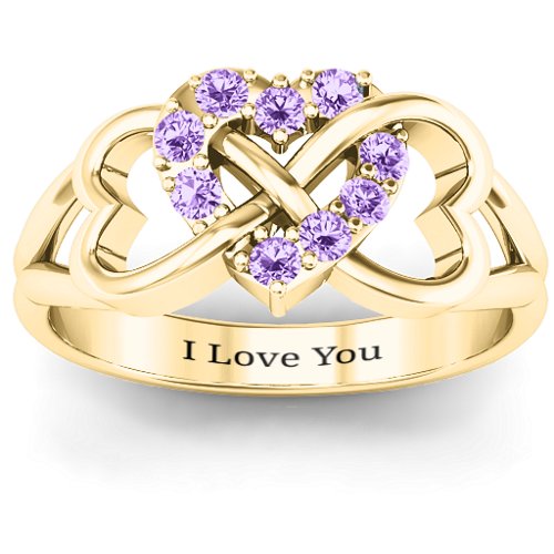 Birthstone Triple Heart Infinity Ring – 10K Yellow Gold with Amethyst