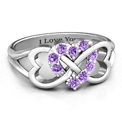 Birthstone Triple Heart Infinity Ring – Sterling Silver with Amethyst