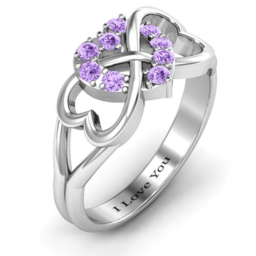 Birthstone Triple Heart Infinity Ring – Sterling Silver with Amethyst