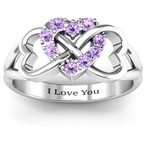 Birthstone Triple Heart Infinity Ring – Sterling Silver with Amethyst