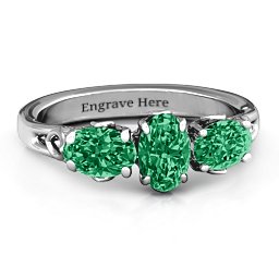 Triple Oval Stone Engagement Ring in 925 Sterling Silver with Emerald