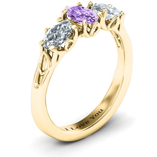 Triple Oval Stone Engagement Ring – 10K Yellow Gold with Amethyst and Cubic Zirconia