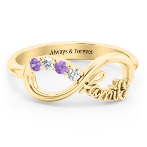 Family Infinite Love with Stones Ring – 10K Yellow Gold with Cubic Zirconia and Amethyst
