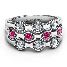 3 Tier Wave Ring in 925 Sterling Silver with Cubic Zirconia and Ruby