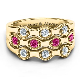 3 Tier Wave Ring in 10K Solid Yellow Gold with Cubic Zirconia and Ruby