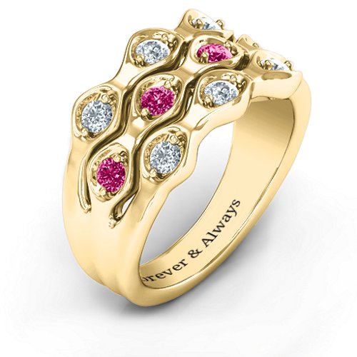 3 Tier Wave Ring – 10K Yellow Gold with Cubic Zirconia and Ruby