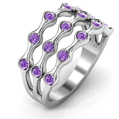 Alternating Stone Fashion Wave Ring – Sterling Silver with Amethyst