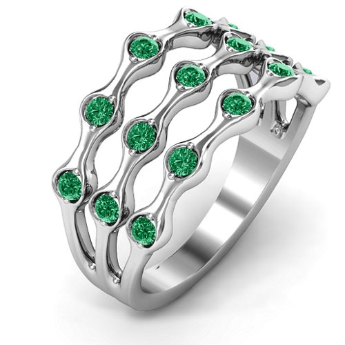Alternating Stone Fashion Wave Ring – Sterling Silver with Emerald