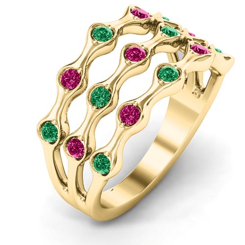 Alternating Stone Fashion Wave Ring – 10K Yellow Gold with Emerald and Ruby
