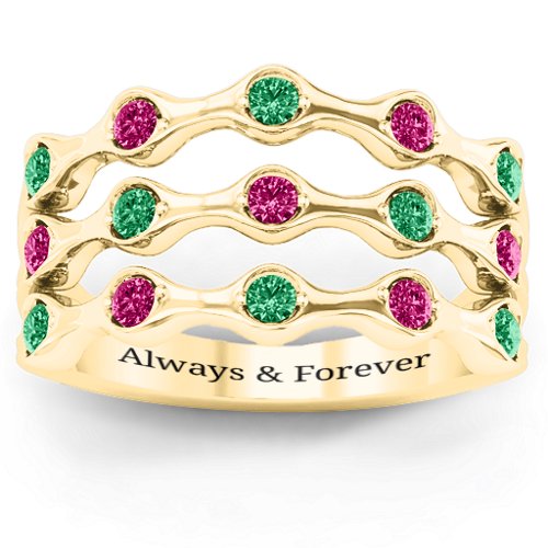 Alternating Stone Fashion Wave Ring – 10K Yellow Gold with Emerald and Ruby