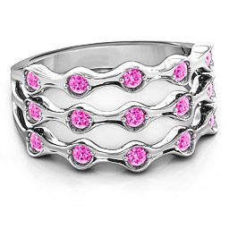 3 Row Fashion Wave Ring in 925 Sterling Silver with Pink Tourmaline