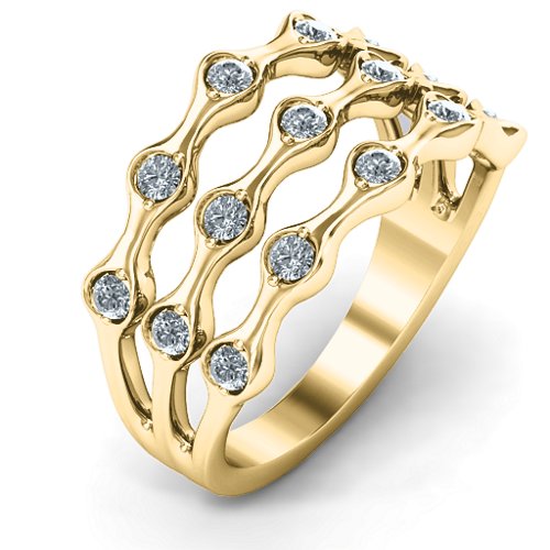 3 Row Fashion Wave Ring – 10K Yellow Gold with Cubic Zirconia