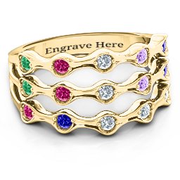 15 Stone Family Wave Ring in 10K Solid Yellow Gold with Emerald, Ruby, Cubic Zirconia, Amethyst, and Blue Sapphire