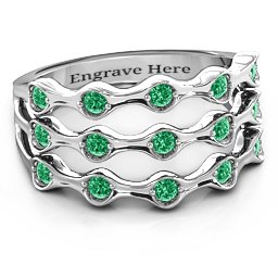 15 Stone Family Wave Ring in 925 Sterling Silver with Emerald