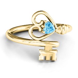 Key to Her Heart Ring in 14K Solid Yellow Gold with Blue Topaz, Amethyst, and Emerald