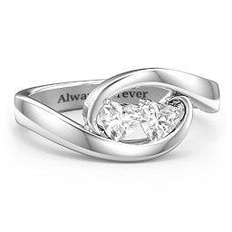 Engravable Double Heart Gemstone Wave Ring