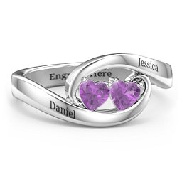 Engravable Double Heart Gemstone Wave Ring