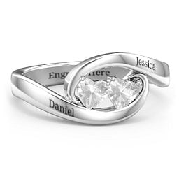 Engravable Double Heart Gemstone Wave Ring