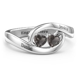 Engravable Double Heart Gemstone Wave Ring