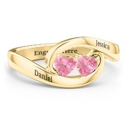 Engravable Double Heart Gemstone Wave Ring