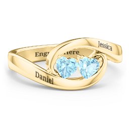 Engravable Double Heart Gemstone Wave Ring in 18K Gold Plated Silver with Blue Topaz