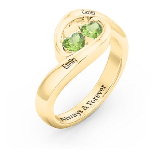 Engravable Double Heart Gemstone Wave Ring