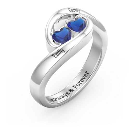 Engravable Double Heart Gemstone Wave Ring