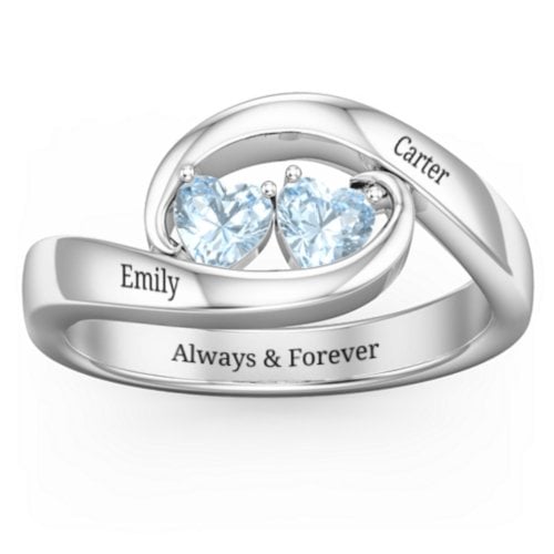 Engravable Double Heart Gemstone Wave Ring