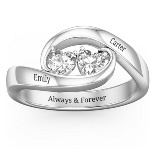 Engravable Double Heart Gemstone Wave Ring