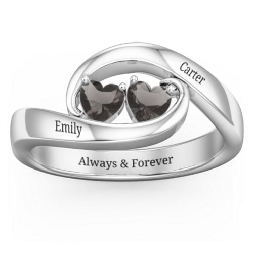 Engravable Double Heart Gemstone Wave Ring
