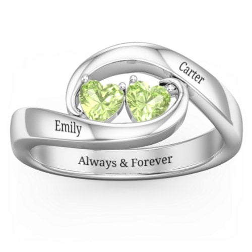 Engravable Double Heart Gemstone Wave Ring