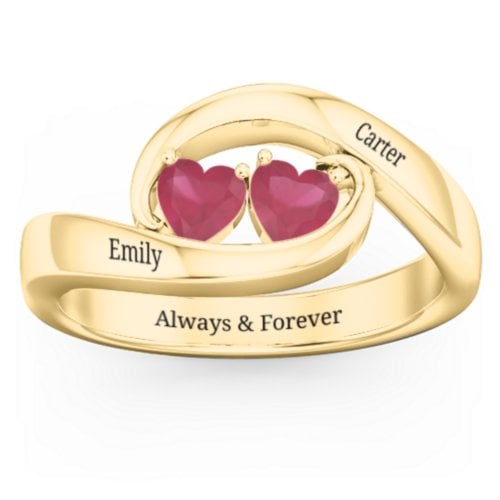 Engravable Double Heart Gemstone Wave Ring