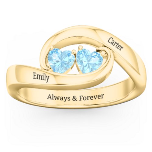 Engravable Double Heart Gemstone Wave Ring – 18K Gold Plated Silver with Blue Topaz