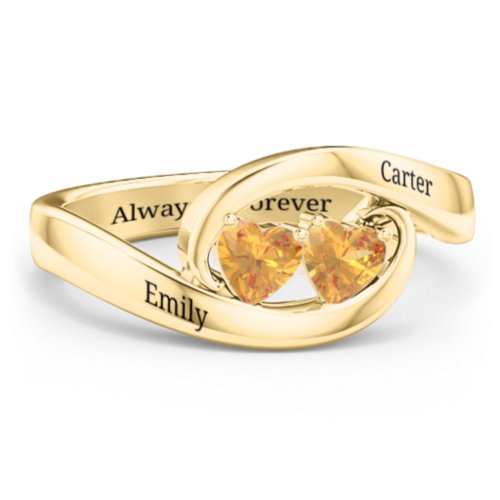 Engravable Double Heart Gemstone Wave Ring
