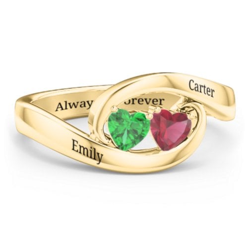 Engravable Double Heart Gemstone Wave Ring – 10K Yellow Gold with Emerald and Ruby