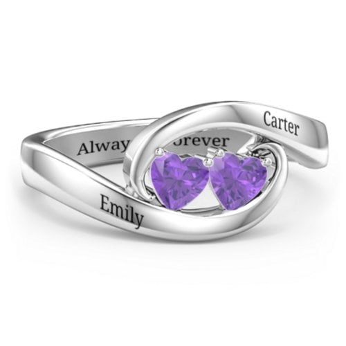 Engravable Double Heart Gemstone Wave Ring