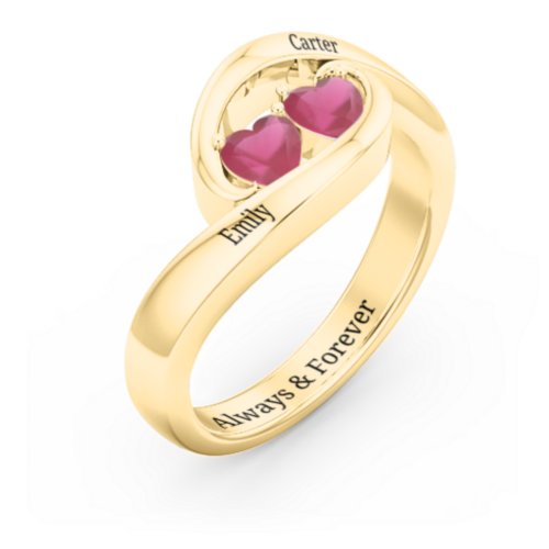 Engravable Double Heart Gemstone Wave Ring – 18K Gold Plated Silver with Ruby