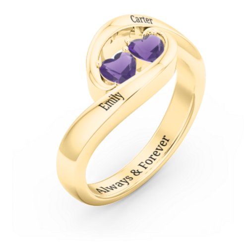 Engravable Double Heart Gemstone Wave Ring – 18K Gold Plated Silver with Amethyst